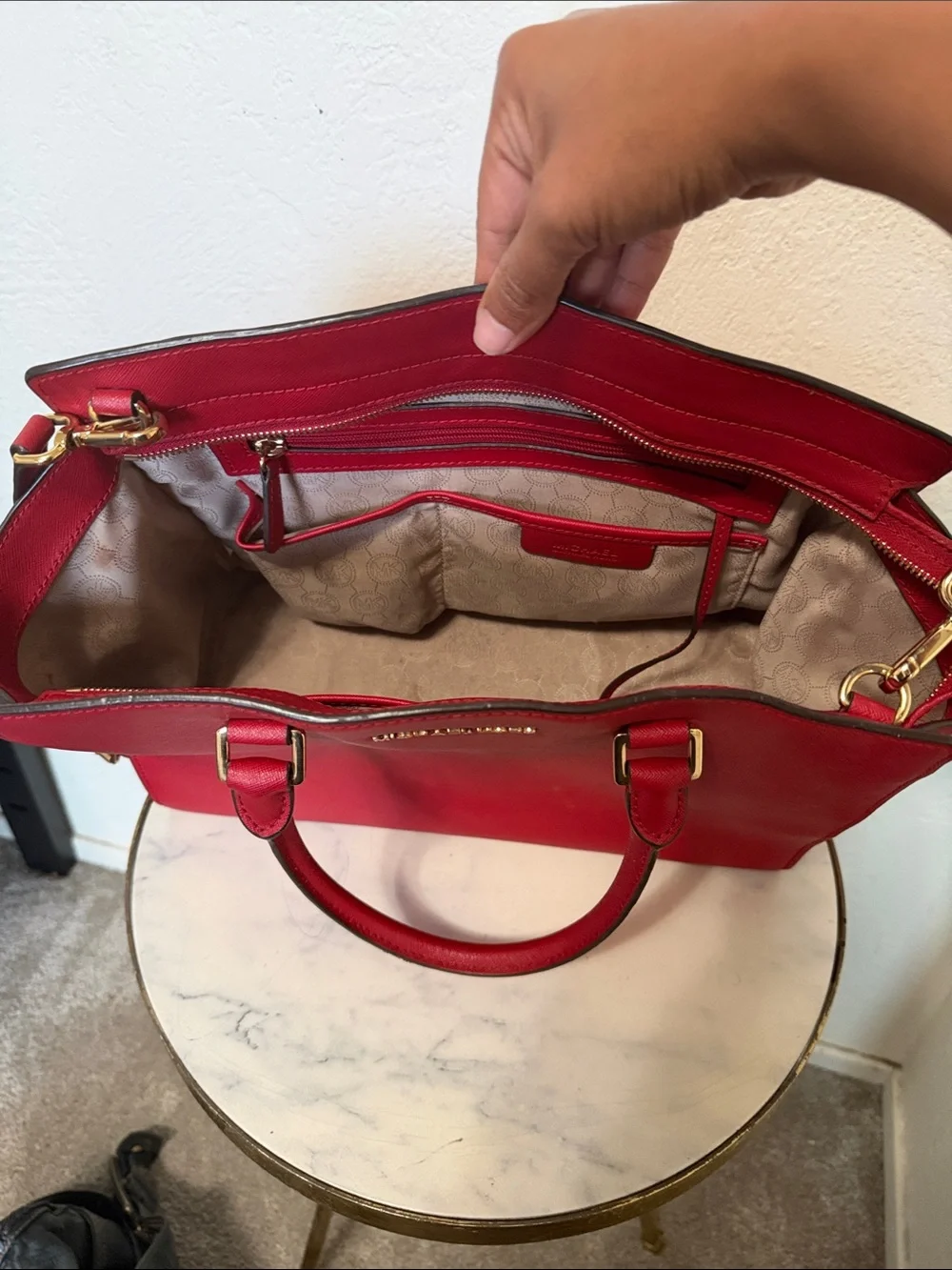 Michael Kors Red Saffiano Satchel with Gold Hardware